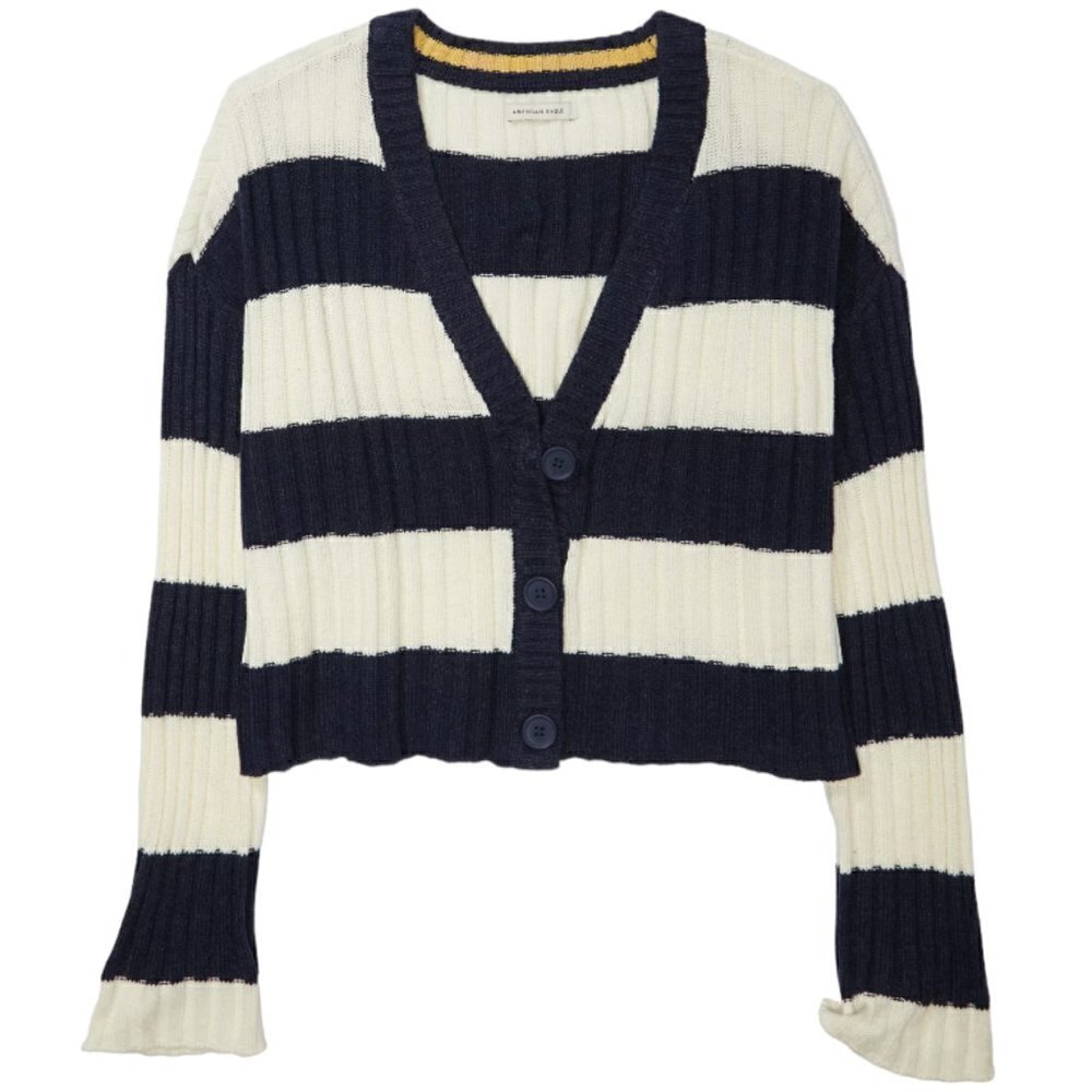 American Eagle Striped Cropped Boxy Button-Up Cardigan